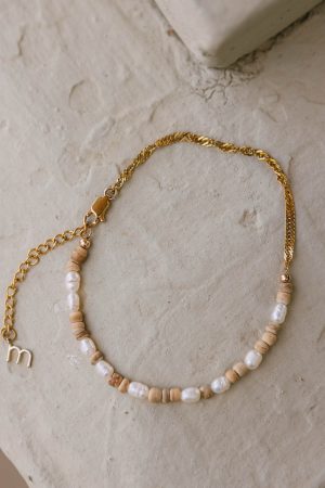 Gold metal ankle chain with wooden beads